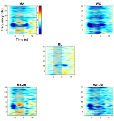 Figure 3 shows the event-related EEG (de)synchronization (ERD/S) averaged over all participants for MA, WC, BL, MA-BL (i.e., ERD/S difference between MA and BL), and WC-BL