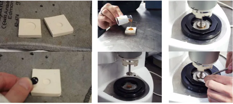 Figure 1. Methodology for preparing and loading polyacrylate binders and blends into the DSR: 25 mm and 8 mm silicone moulds and binder samples; pouring and placing binder samples in DSR; and setting final testing gap and trimming excess binder around testing geometry  