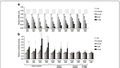 Fig. 1 Nonsense-mediated degradation of aThe mRNA level of each NMD factor in untreated (NT) MHT cells was set as 1.activity from the PTC-containingerrors (n = 3).MHT cells
