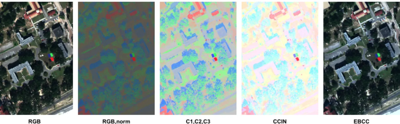 Figure 5. Aerial image in different representations—the original image in the RGB color space and color-invariant representations derived via a simple normalization of the RGB components, the C1,C2,C3 color model proposed in [63], comprehensive color image