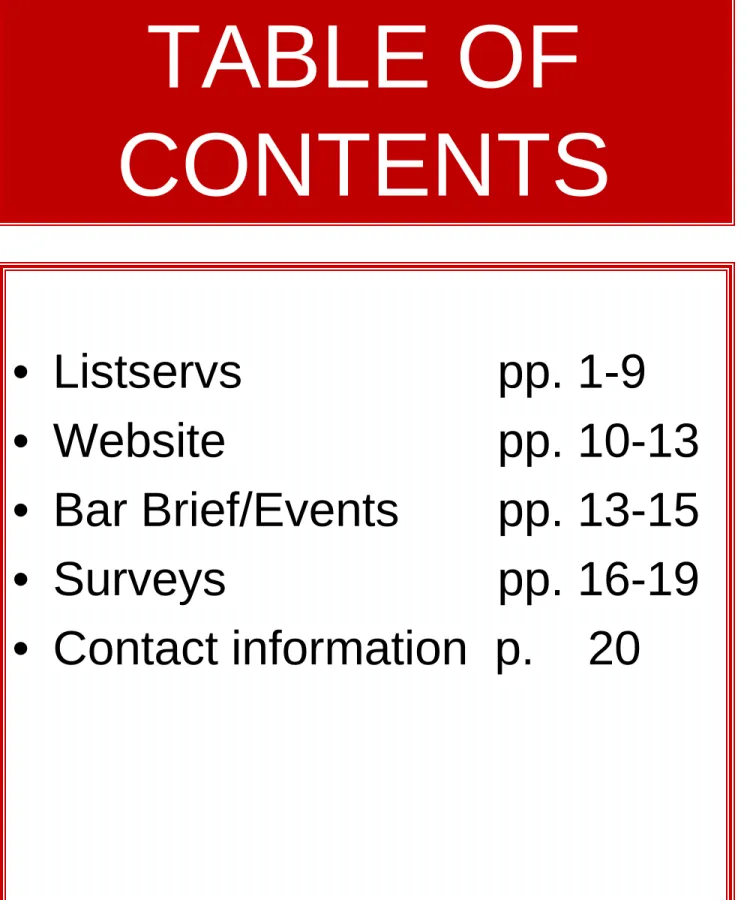 TABLE OF  CONTENTS  • Listservs      pp. 1-9  • Website       pp. 10-13  • Bar Brief/Events      pp