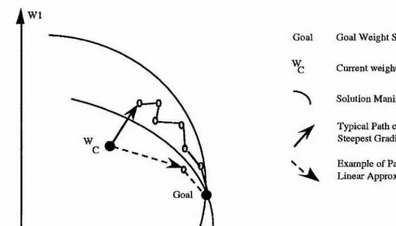 figure 3.4 - Examples o f paths created with steepest gradient descent and with linear approximations.