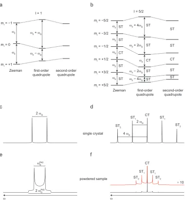 Figure 2.9: Nuclear spin energy levels for spin quantum numbers (a) I = 1 and (b) I = 5/2 showing the perturbation of the Zeeman energy levels according to first- and second-order perturbation theory.17 In (c) and (d), simulated NMR spectra of a single cry
