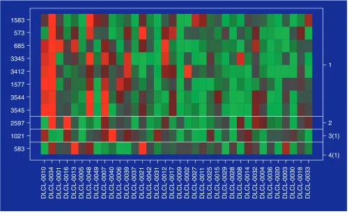 Figure 9Lymphoma data: clusters from tree harvest nonlinear model, with columns in (expected) survival time order