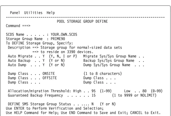 Figure 21 shows how the PRIME90 sample storage group is defined.
