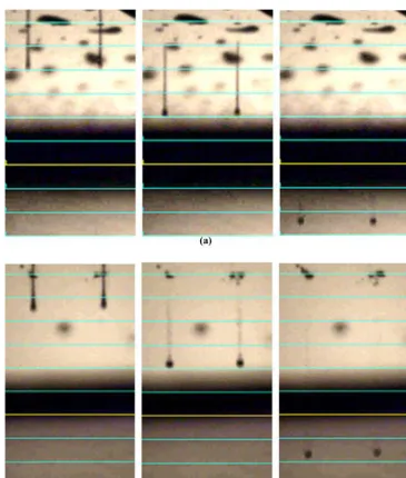 Figure 4 (a) Sequence of droplet formation of ink A with standard waveform; (b) sequence of droplet formation of ink C with complexwaveform