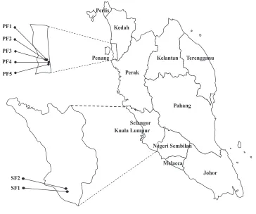 Figure 1The map of Peninsular Malaysia showing the locations of the seven swine farms.43;13;strains in each farm: PF1 ( Number ofnE