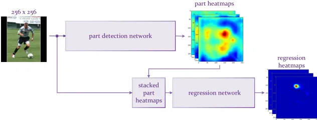 Fig. 2: Paper’s main idea: The ﬁrst row shows the produced part detectionheatmaps for both visible (neck, head, left knee) and occluded (ankle, wrist,right knee) parts (drawn with a dashed line)