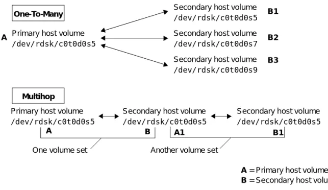 FIGURE 1 One-to-Many and Multihop Volume SetsPrimary host volume