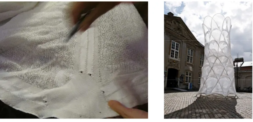 Fig. 2. (left) Example of knitted material used for ‘The Tower’ and (right) ‘The Tower’ in the courtyard of the Danish Design Museum - April 2015