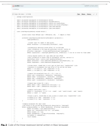 Fig. 2 Code of the linear regression kernel written in MaxJ language