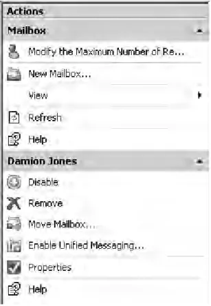 Figure 2.11 Actions pane for the Recipient Conﬁguration Mailbox subcontainer
