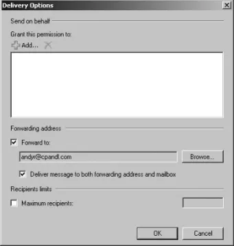 Figure 6-8  Using the Delivery Options dialog box, you can specify alternate recipients  for mailboxes and deliver mail to the current mailbox as well.