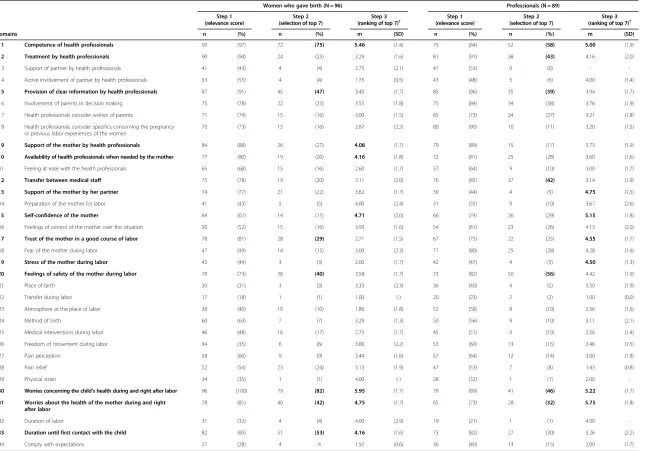 Table 1 Results of the prioritizing task for two samples: women who recently gave birth and professionals