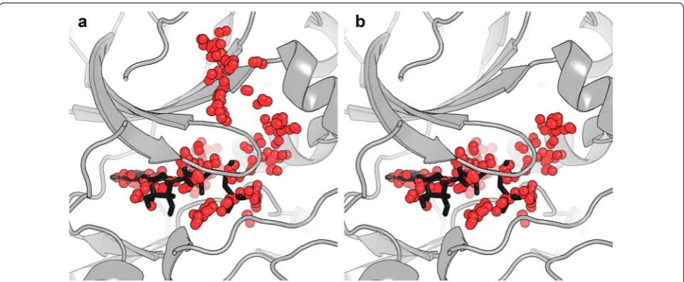 Fig. 2 fpocket cavity detection exemplified for the ATP-binding site of a single ATP-bound cAMP-dependent protein kinase (PDB ID: 1ATP), ATP shown as black sticks