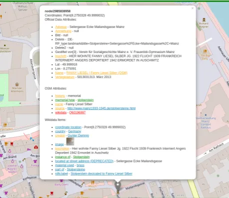 Figure 2. Comparison Screen build upon the mappingsgenerated from Listing 3 and a custom mapping to ofﬁcialdata shown in Listing 4: Green items represent a matching,orange item values represent a non-matching value, orangetag names represent that an equivalence is known in one ofthe other knowledge bases SPARQL Query to detect Wiki-data/OSM Equivalences