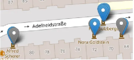 Figure 6. Distance of ofﬁcial geocoordinate and OSM geo-coordinate in front of the same house.Here, the exactStolperstein position might not be known to the OSM an-notator and a guess to where the Stolperstein is located wasdone based on the street address yielding in a distance of30m between the coordinates.