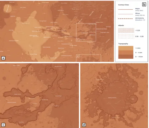 Figure 1 Sample screenshots from the CARTO web map of Mars. [a] the Eastern volcanic Tharsis rise with the Valles Marineris structure and Chryse Planitia outflow area (zoom level 4, scale is about 120,000,000); [b] sample map legend; [c] the Eastern Valles 