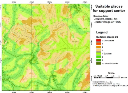 Figure 5. Cost map for the evaluation of suitable places for the deployment of a support center from data of DMU100, DMR3 and SD 