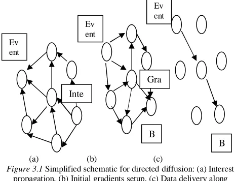 Figure 3.1 Simplified schematic for directed diffusion: (a) Interest propagation, (b) Initial gradients setup, (c) Data delivery along reinforced path