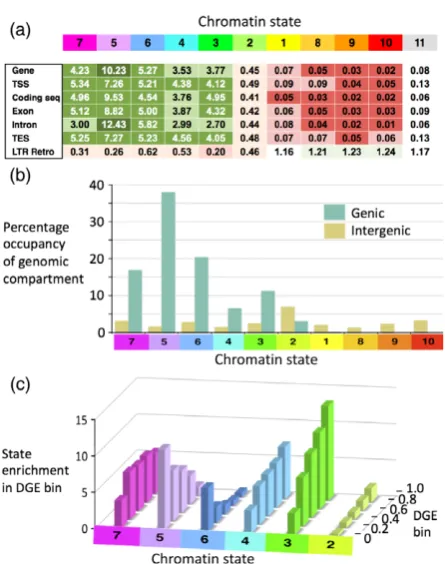 Figure 4. Biological properties of barley chromatin states.Fold enrichments (see Results) for the six gene-associated states in each(a) Enrichments of chromatin states in gene features and long terminalrepeat (LTR) retrotransposons