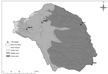 Figure 1. Tana River Basin showing three elevation zones, river network and ﬂow gauging stations.