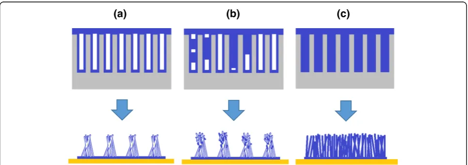Fig. 7 Proposed mechanism of wetting nanochannels of template and construction of (a) nanotubes, (b) partly nanotubes/nanowires, and (c)nanowire through infiltration forces