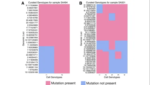 Fig. 8 Genotypes curated for the triple-negative breast cancer data. Binary cell genotype matrices for sample SA494 over 28 genomic loci (sample SA501 over 38 genomic loci (was used to infer a consensus phylogenetic tree over the single nuclei