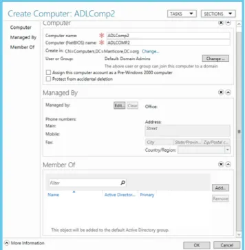 Figure 6.1 Creating a computer  account with ADAC. The only  mandatory information is the  computer name, which  auto-populates the NetBIOS field as  you enter it