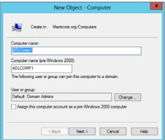 Figure 6.2  Creating a computer account with  ADUC. Add the computer name 