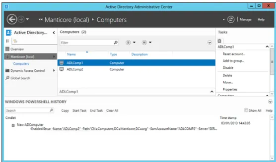 Figure 6.4 PowerShell command to create a computer account. The Windows PowerShell History  window is normally minimized