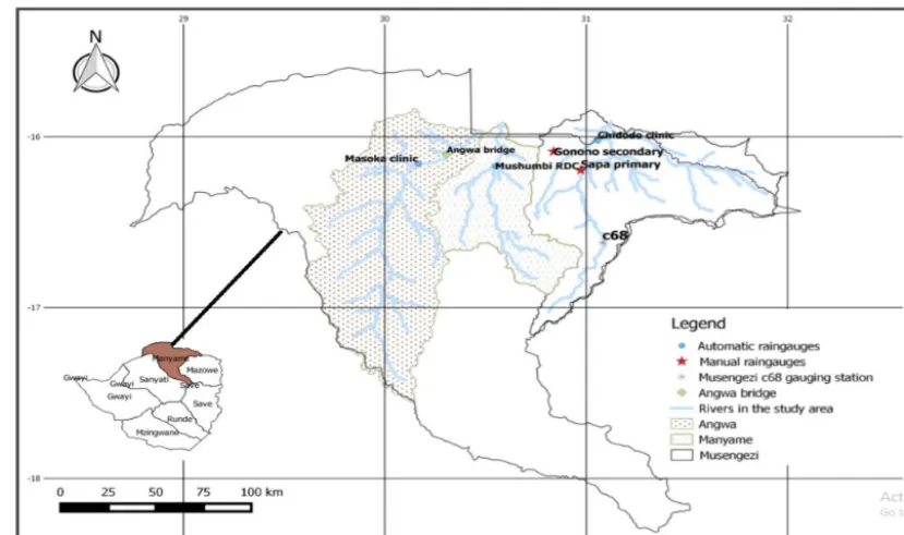 Figure 1. The Mbire District in Lower Guruve showing manual and automatic rain gauge stations.