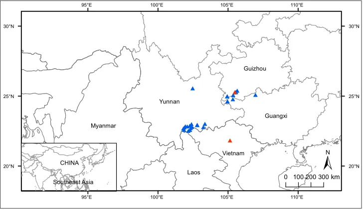 Figure 7. Distribution of Begonia longiciliata (including syn. B. sizemoreae) Triangles show distribution based on specimens and field survey and red triangles indicate type locality of B