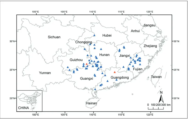 Figure 4. Distribution map of B. circumlobata (including syn. B. lipingensis) Triangles show distribution based on specimens and field surveys and red triangles indicate type locality of B