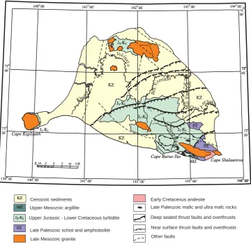 Fig. 12. Geological map and a cross section of the Utes Derevyannykh Gor site, Novaya Sibir’ Island (Kos’ko and Trufanov, 2002)