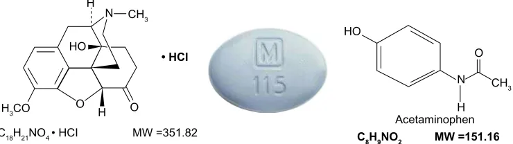 Figure 1 Chemical structure of oxycodone (left), physical appearance of the tablet form of ER oxycodone/acetaminophen (middle), and chemical structure of acetaminophen (right).Abbreviations: Mw, molecular weight; eR, extended release.