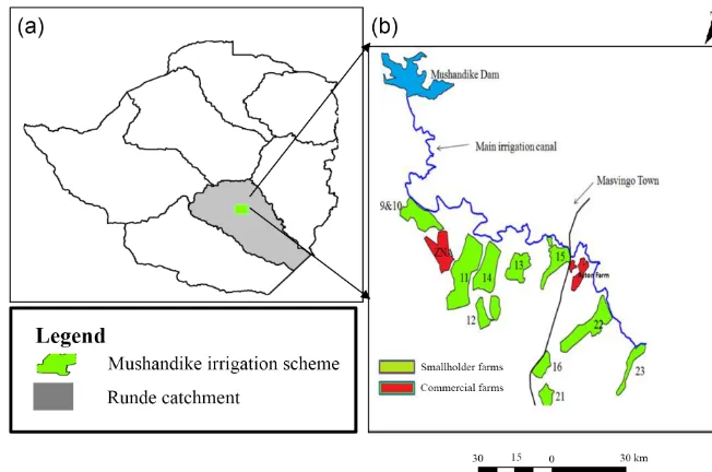 Figure 1. (a) Location of Mushandike Irrigation Scheme (b) Layout of Mushandike Irrigation Scheme.