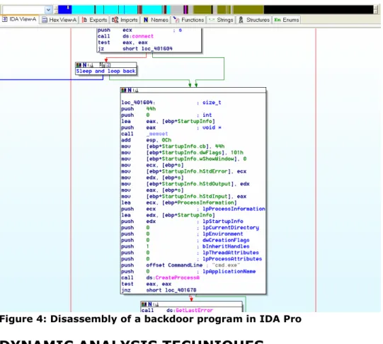 Figure 4: Disassembly of a backdoor program in IDA Pro 