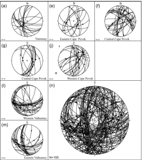 Fig. 11.ms-AGU0416-f11  Miller and VerzhbitskyNote that the Fault Kinematics Program utilizes a zero value forthe coefﬁcient of friction; P axes would be near vertical if faultsinitially formed 30 Fault kinematic solutions