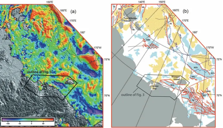 Fig. 12. Regional Compilation of Data for East Siberian Shelf: (a) Free air gravity anomaly (mGal) map of the eastern Arctic sector of theArctic region (Laxon and McAdoo, 1994)
