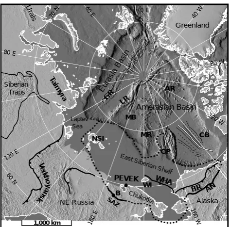 Fig. 1.ms-AGU0416-f01.ai  Miller and Verzhbitsky  Circum-Arctic map showing the location of the town ofPevek with respect to the main tectonic features of the Arctic Ocean.Bathymetry is from IBCAO (2002)