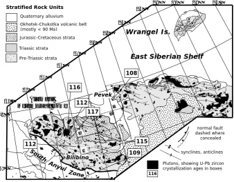 Fig. 2. Regional tectonic setting of Chukotka with respect to adjacent Alaska showing major structural/tectonic features and all of the variousms-AGU0416-f02.ai   Miller and Verzhbitskymagmatic rocks and belts discussed in text