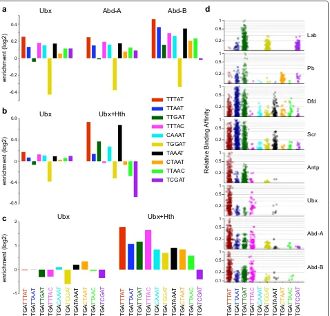 Fig. 5 Preferential Hox DNA‑binding fingerprints. An enrichment score based on k‑mer frequency per kb, in selected peak sets versus background fingerprints