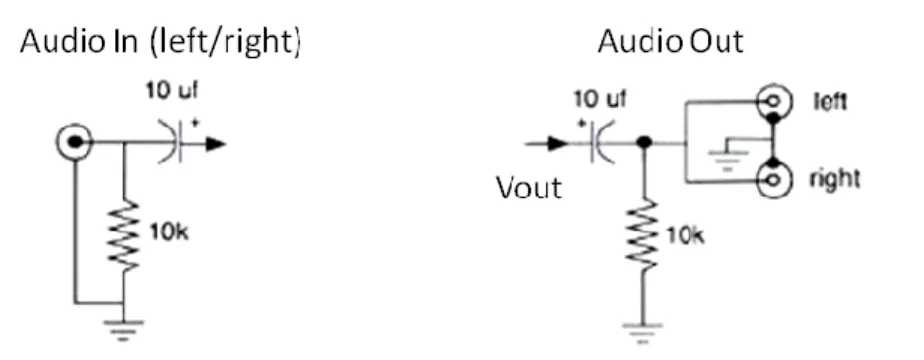 Fig. 08: Decoupling circuit additions for left (Vleft),  right (Vright) inputs and output (Vout)  Now  with  the  stereo  plug  and  sockets,  we  are  ready  to  fly