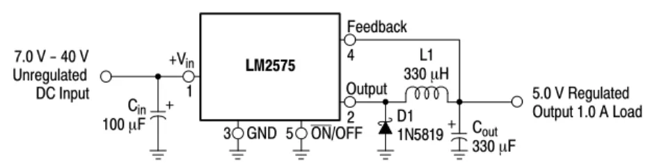 Figure 1. Block Diagram and Typical Application7.0 V - 40 VUnregulated DC InputL1330 mHGND+Vin1Cin100 mF35ON/OFFOutput2Feedback4D11N5819Cout330 mF Typical Application (Fixed Output Voltage Versions)