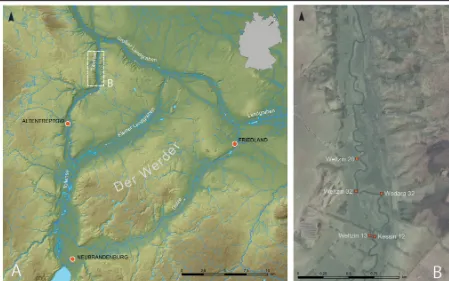 Figure 1. General shaded relief map with drainage system topography (A) and the location of the archaeological sites related to the conﬂictscenario (B)