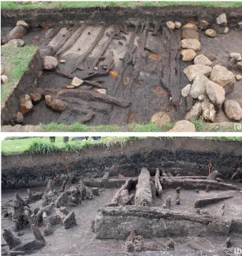 Figure 2. Kessin 12. Causeway with different methods of construction. (a) Stone-ﬂanked causeway, excavated in 2013