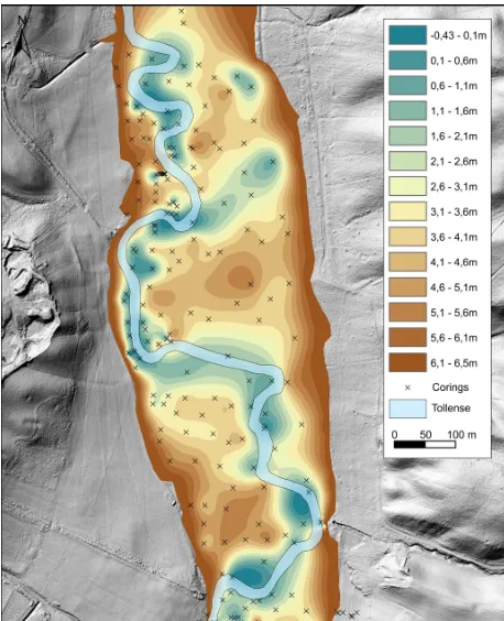 Figure 5. The minerogenic valley ground with incised palaeo-channel derived from corings (adapted from Lorenz et al., 2014).Elevations are given in metres above sea level (m a.s.l.).