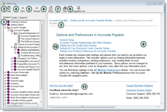 Figure 1: Navigational points and features available in the in-program help window.