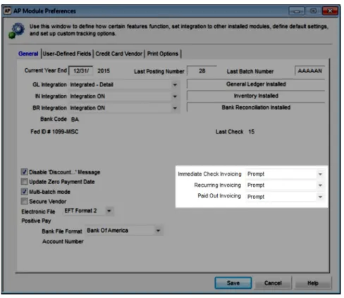 Figure 4: AP Module Preferences window, General tab: Invoicing options emphasis